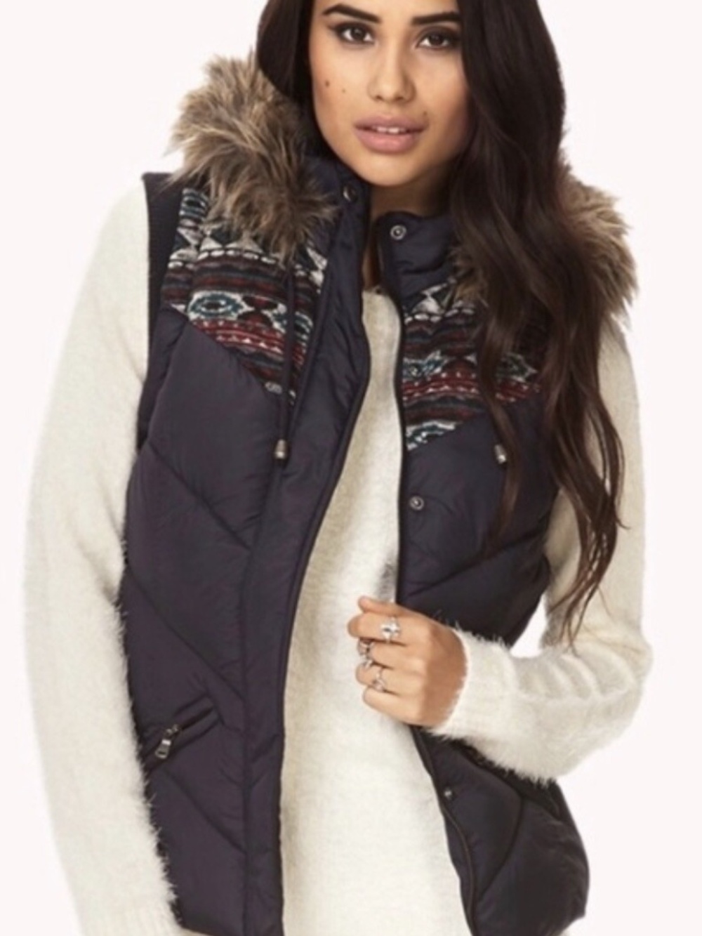 Forever21 Navy Faux Fur Hooded Puffer Vest - size small - NWT